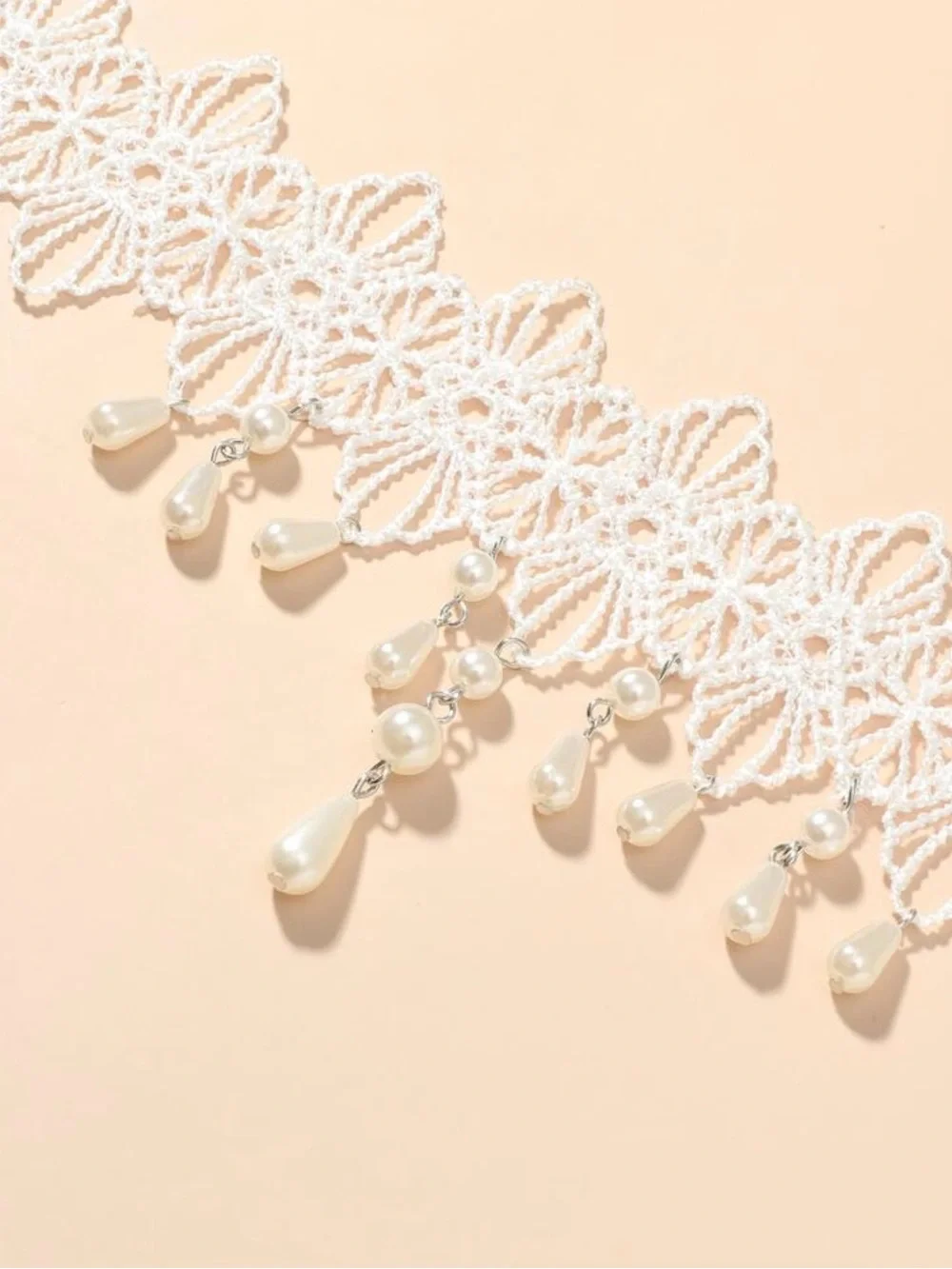 White Lace Pearl Drop Choker Necklace -